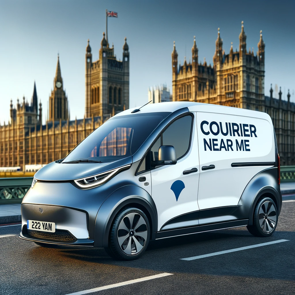 Eco-friendly electric 'Courier Near Me' van in front of a London landmark, symbolizing efficient same-day business courier services in the UK.