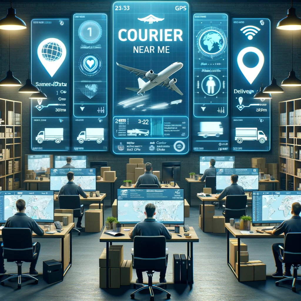 Busy office of 'Courier Near Me' with advanced GPS tracking for same-day business courier services, showcasing high-tech operations.