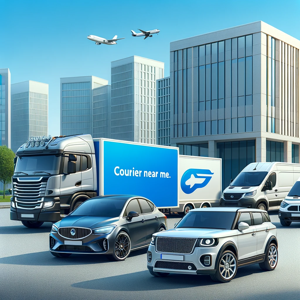 A diverse range of vehicles, including a car, a large van, and a lorry, all branded with 'Courier Near Me', parked in front of a UK business center, showcasing the versatility of the courier fleet for different delivery needs from a same day courier company