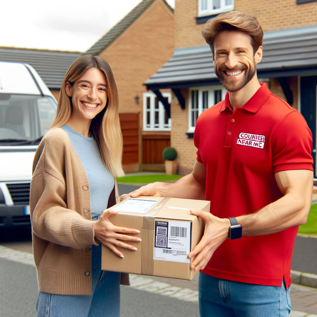 A happy customer receiving a package from a friendly same day courier driver, with a 'Courier Near Me' van in the background, set outside a typical UK suburban home, highlighting the service's reach to domestic customers.