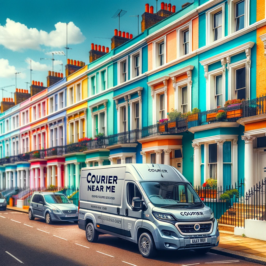 Versatile Courier Service in Chelsea and Kensington: A 'Courier Near Me' branded delivery van parked on a charming Kensington street, illustrating a blend of traditional London scenery with modern, efficient delivery services for Chelsea and Kensington