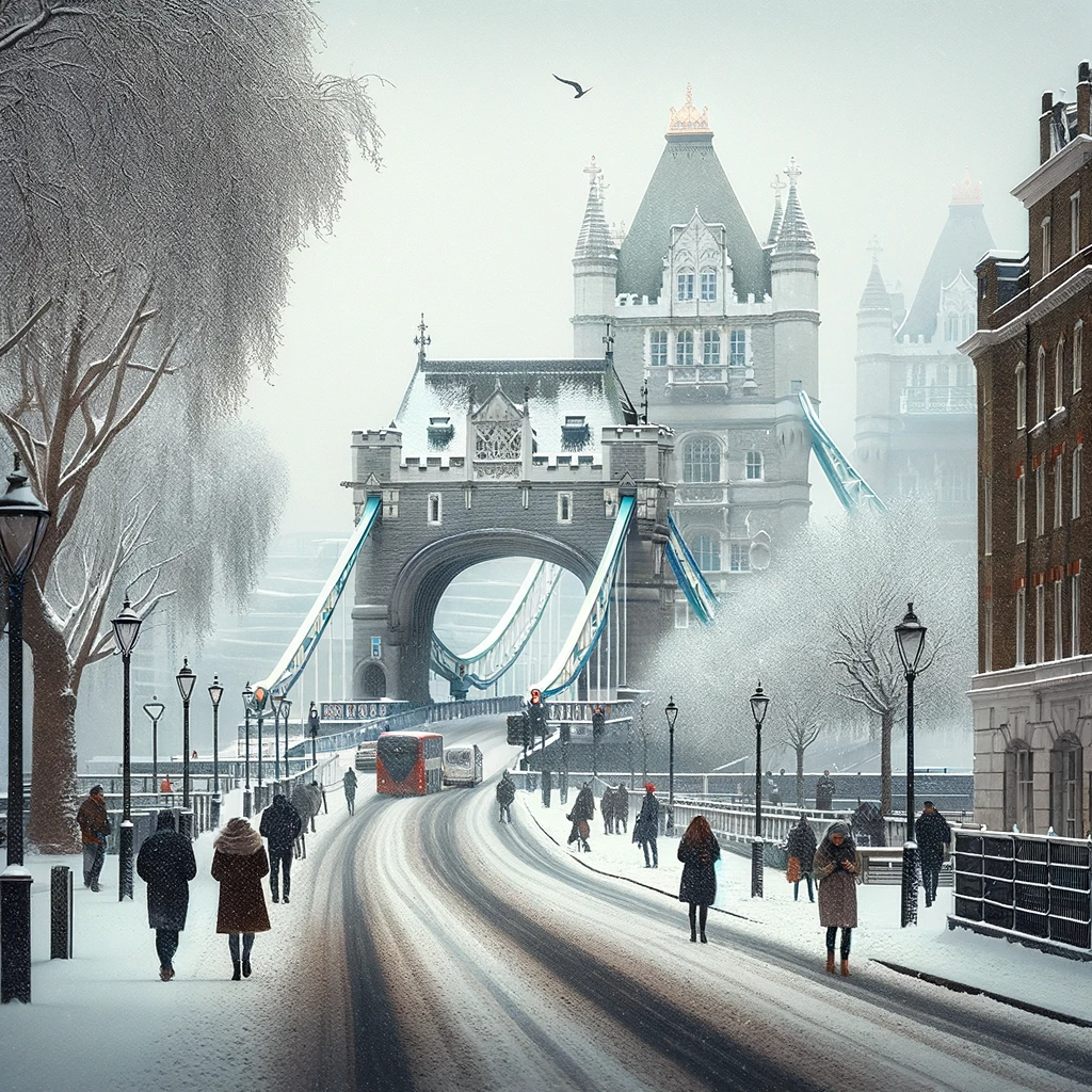 Snow Weather Forecast London: Tower Bridge in a snowy scene, with a light blanket of snow covering London streets and people walking carefully.