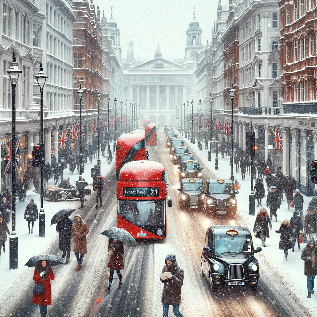 Snow Weather Forecast London: A bustling London street during snowfall, with pedestrians in warm clothes and iconic red buses navigating through snow