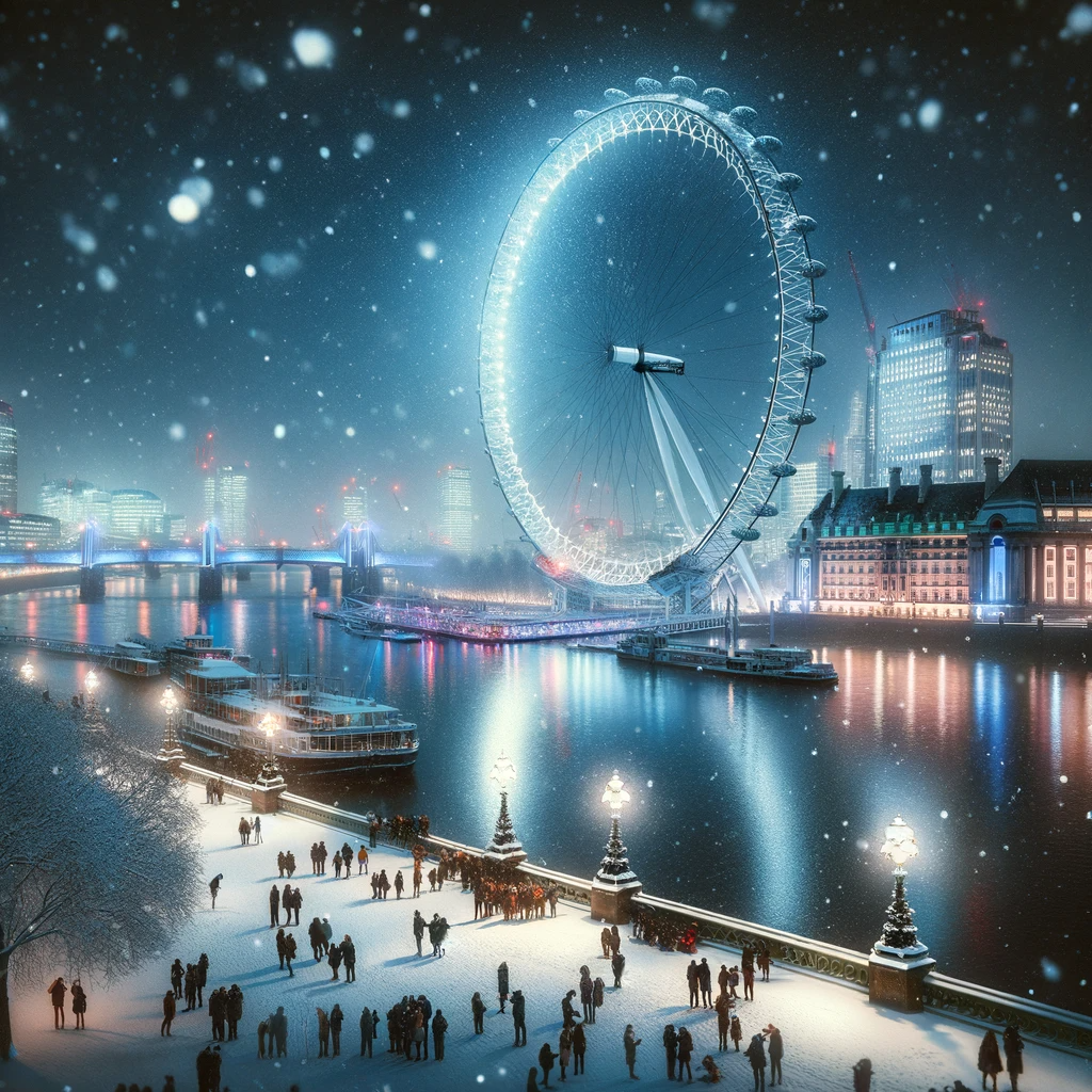 Snow Weather Forecast London: Evening view of the London Eye with snow falling, city lights reflecting on the Thames, creating a magical winter atmosphere