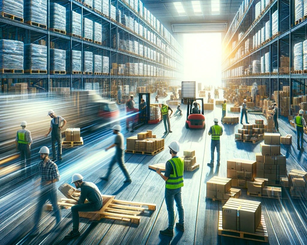 Dynamic warehouse scene with workers preparing pallets for 'Courier Near Me', illustrating the hustle of same day pallet delivery and efficient business delivery services