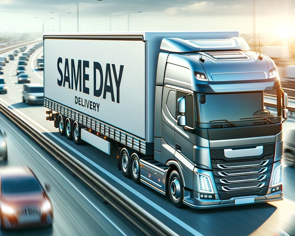 Modern haulage vehicle speeds along the motorway, showcasing 'Courier Near Me's efficient same day haulage and business delivery service