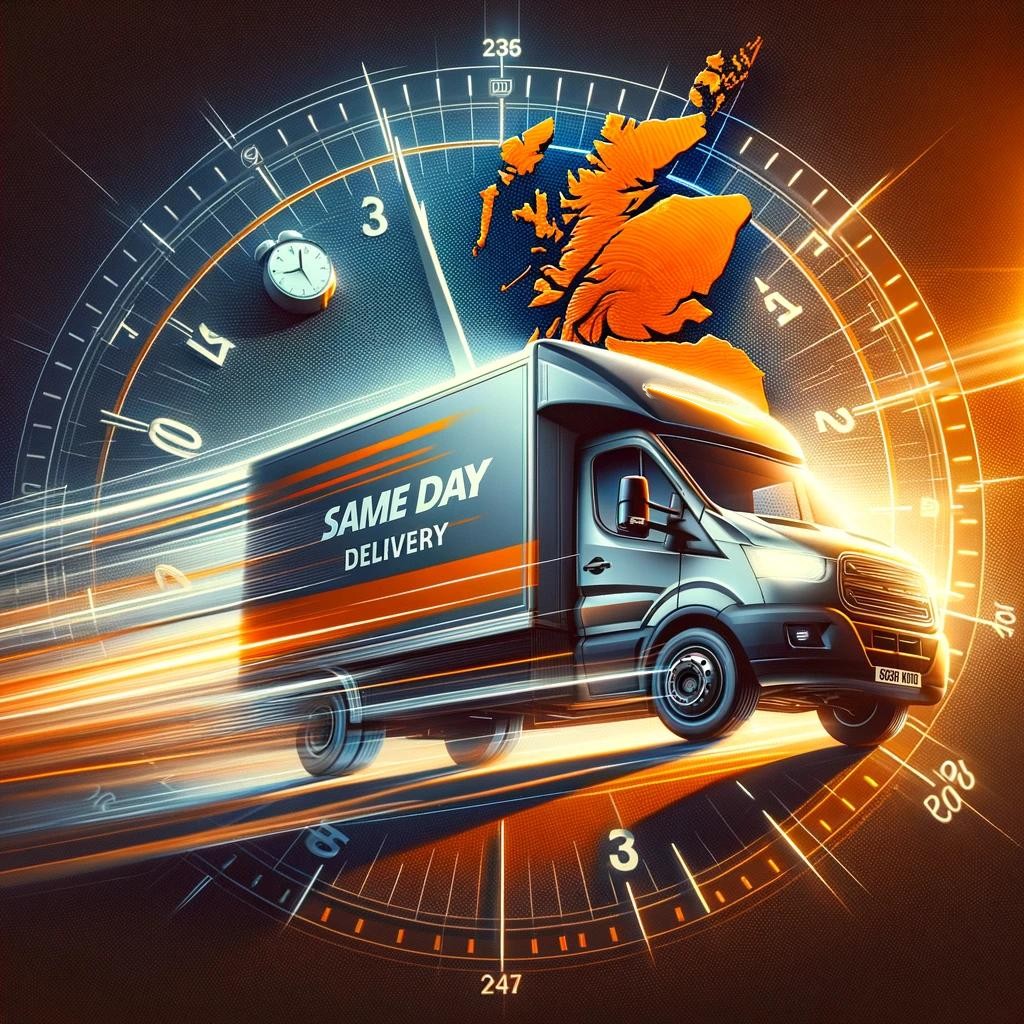 Speedy 'Same Day Delivery' courier van from 'Courier Near Me' in motion, symbolizing fast and reliable business-to-business delivery services across the UK
