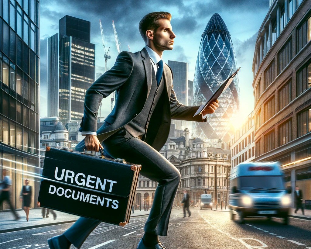 Professional 'Courier Near Me' agent swiftly delivers as an urgent document courier, ensuring business delivery with same day service in London's financial distric