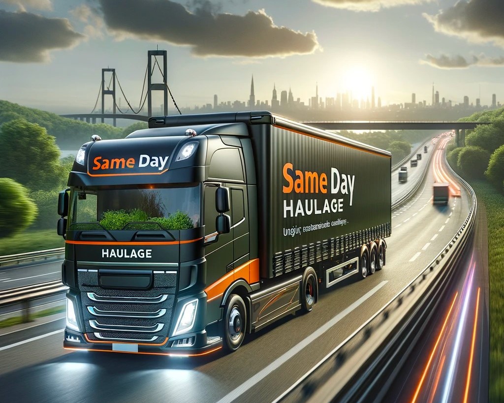 Modern eco-friendly same day haulage truck on a highway, showcasing efficient same day business delivery to a distant city skyline, emphasizing speed and sustainability