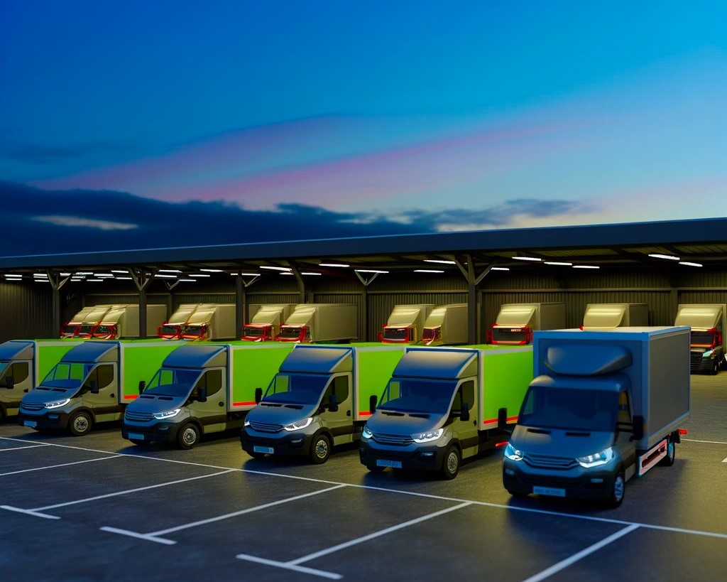 Fleet of haulage vehicles at a depot during twilight, ready for same day haulage and large item courier services, epitomizing efficient business delivery