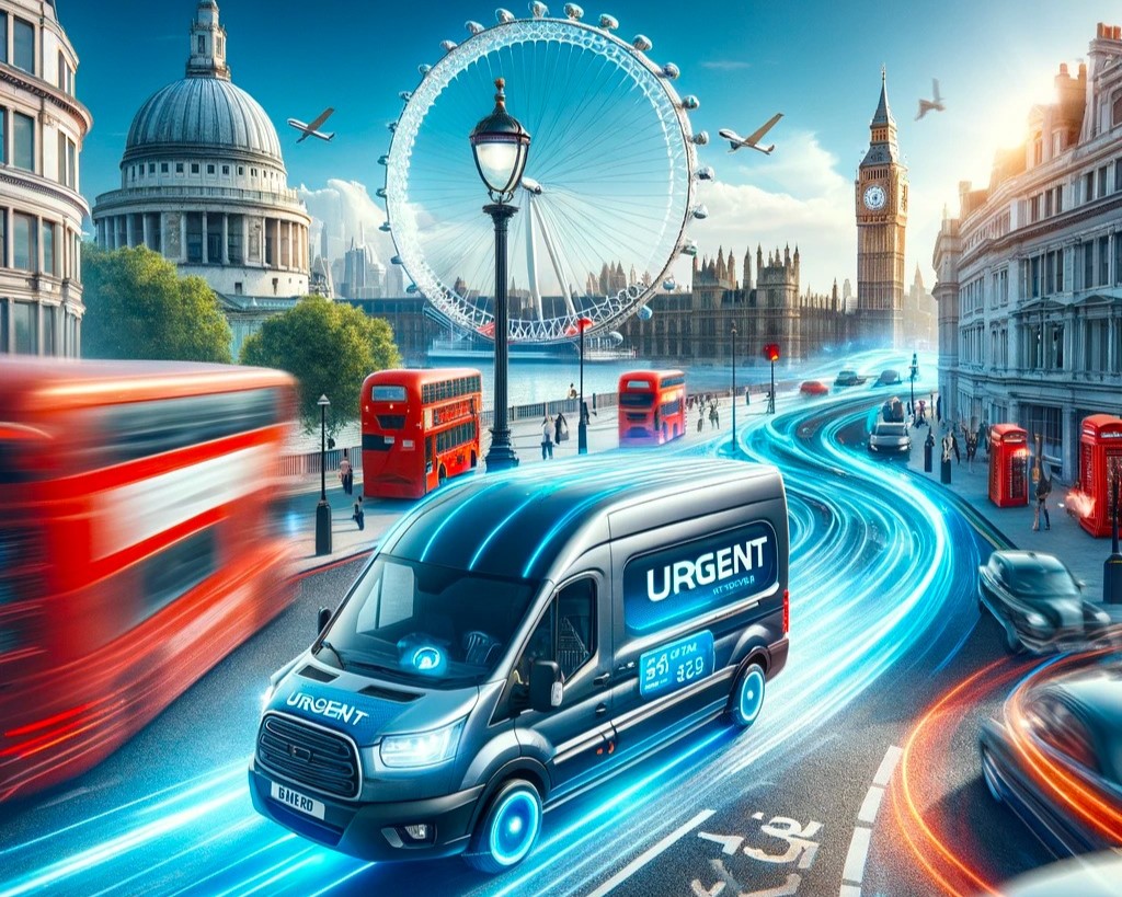 Urgent courier van from 'Courier Near Me' swiftly navigates London's landmarks for same day delivery, highlighting fast and reliable service.