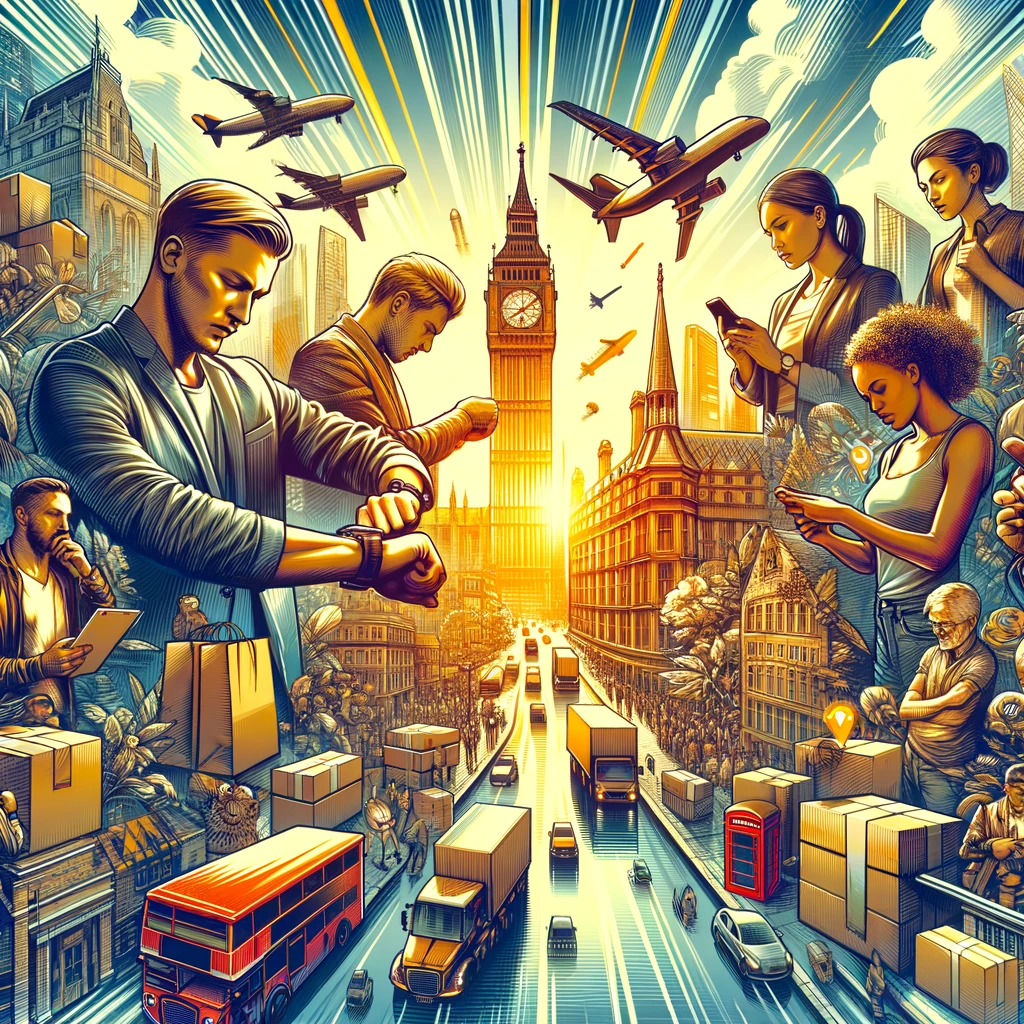 The image created captures the essence of the growing consumer demand for "next day delivery" services in London. It portrays a diverse group of customers, highlighting their anticipation and high expectations, as they eagerly await the arrival of their packages against the backdrop of a vibrant cityscape. This visual perfectly embodies the urgency and convenience that next day delivery services bring to the fast-paced lifestyle of modern consumers.